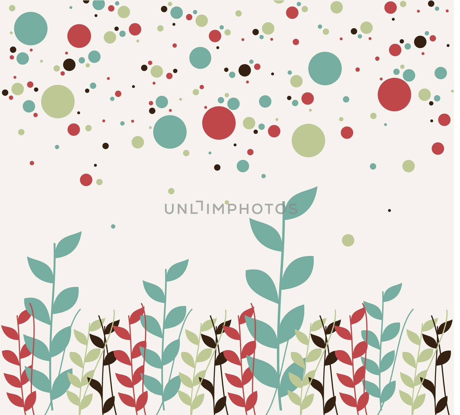 Pattern of natural colorful branches and a bubbles design. White background