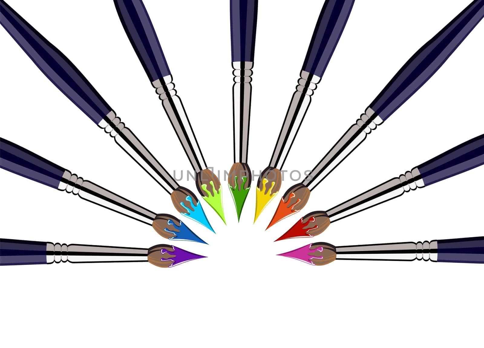 Nine brushes with paint color tips toward the center, forming a semicircle. White background. Vector available