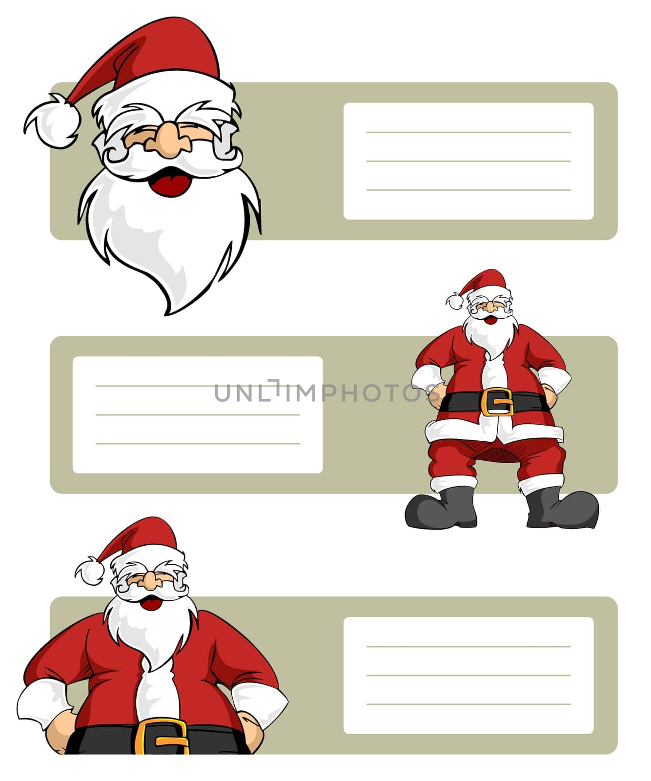 Happy Santa Claus planes variations with blank striped labels to write. White background. Vector illustration