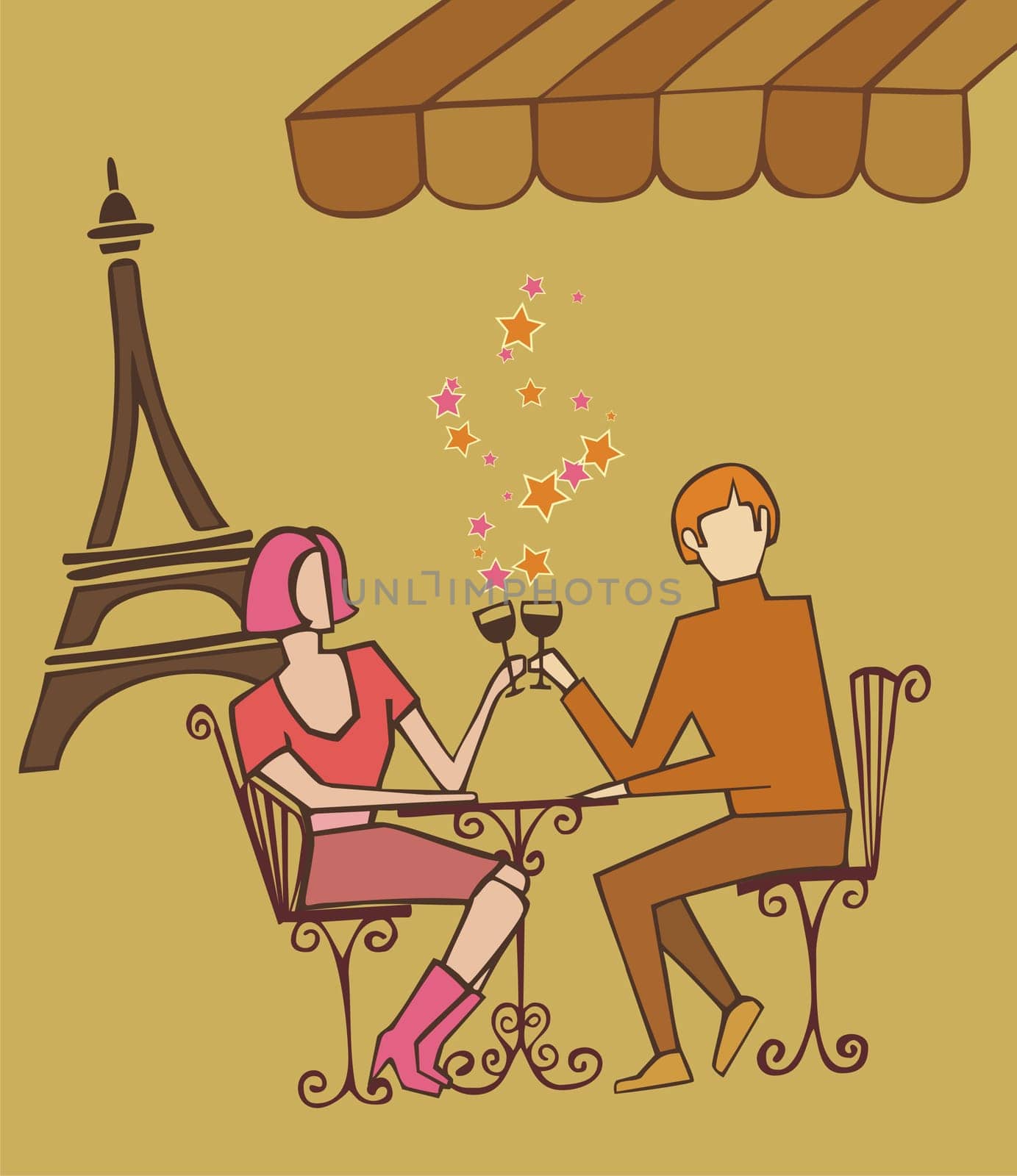 Couple enjoy Paris at a restaurant near the Eiffel tower on brown warm tones palette background.