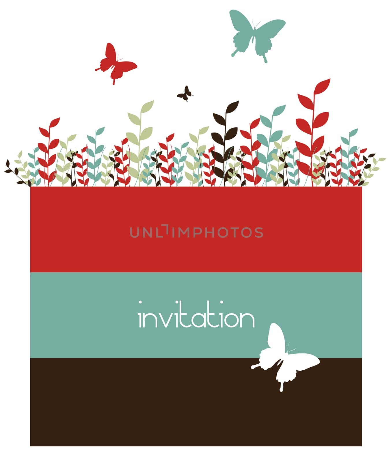 Butterflies and growing leaves on red, blue and black horizontal bars. White background. Spring motif design usable as invitation card. Vector available