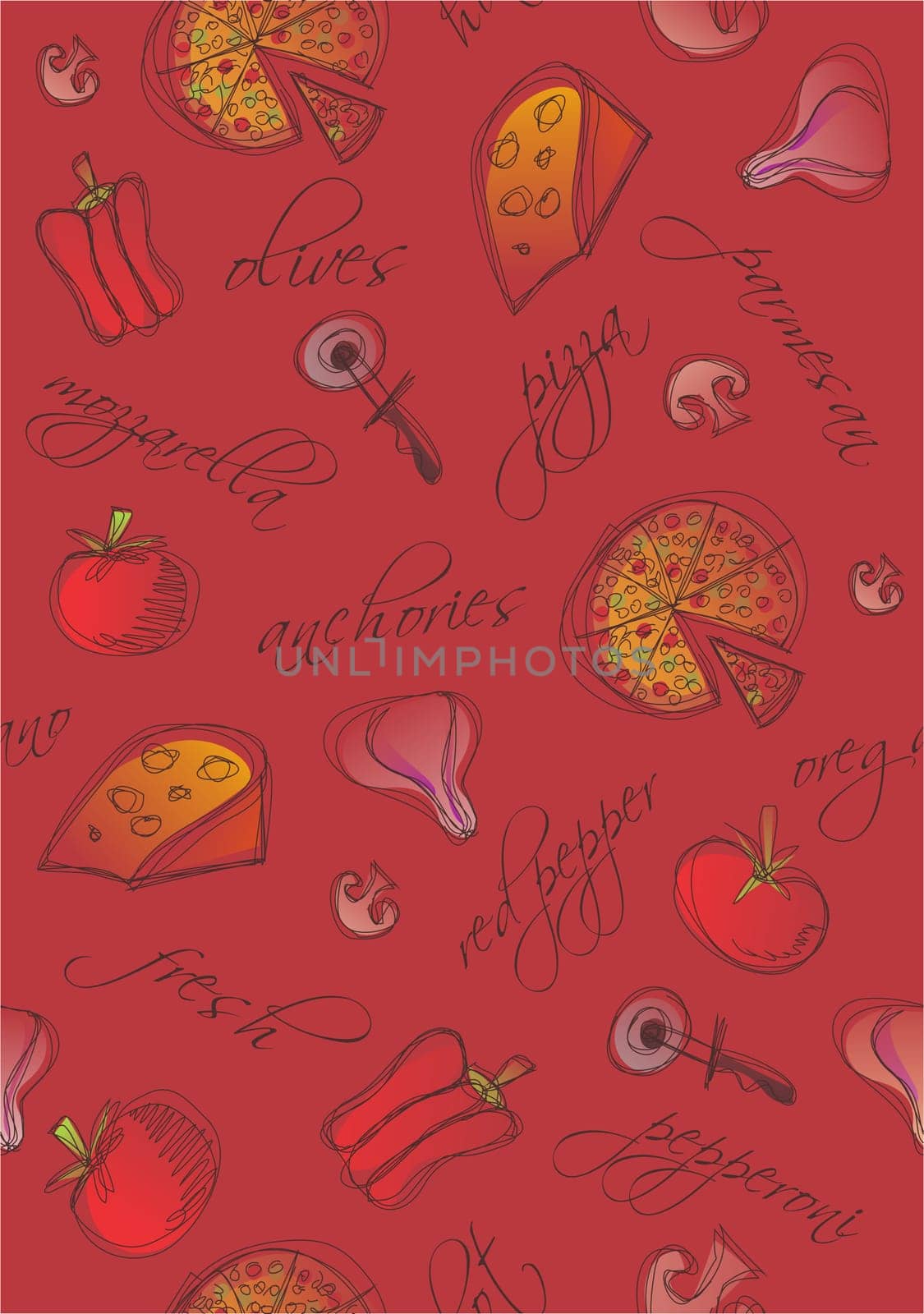 Pattern of pizza and ingredients with words on red background. Vector available