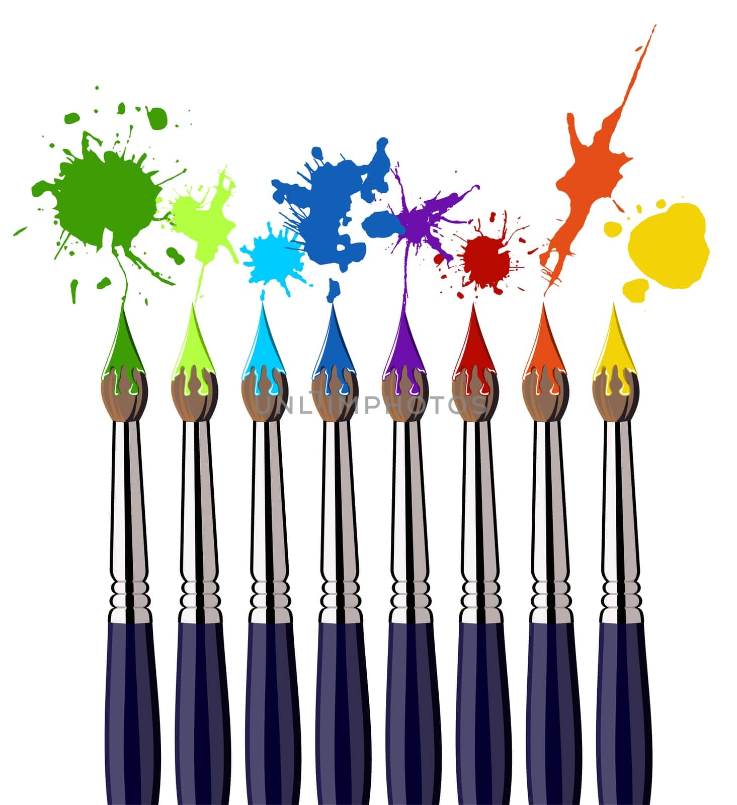 Eight brushes and colorful splattered paint. White background. Vector available