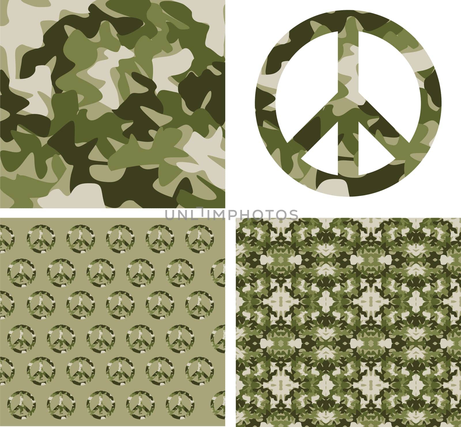 Camouflage and peace symbol patterns. Vector available