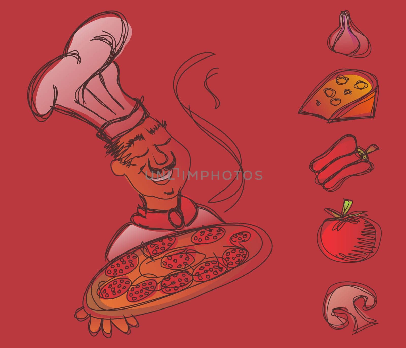 Chef with a pizza in the hands and ingredients of the italian pizza on red background. Vector available