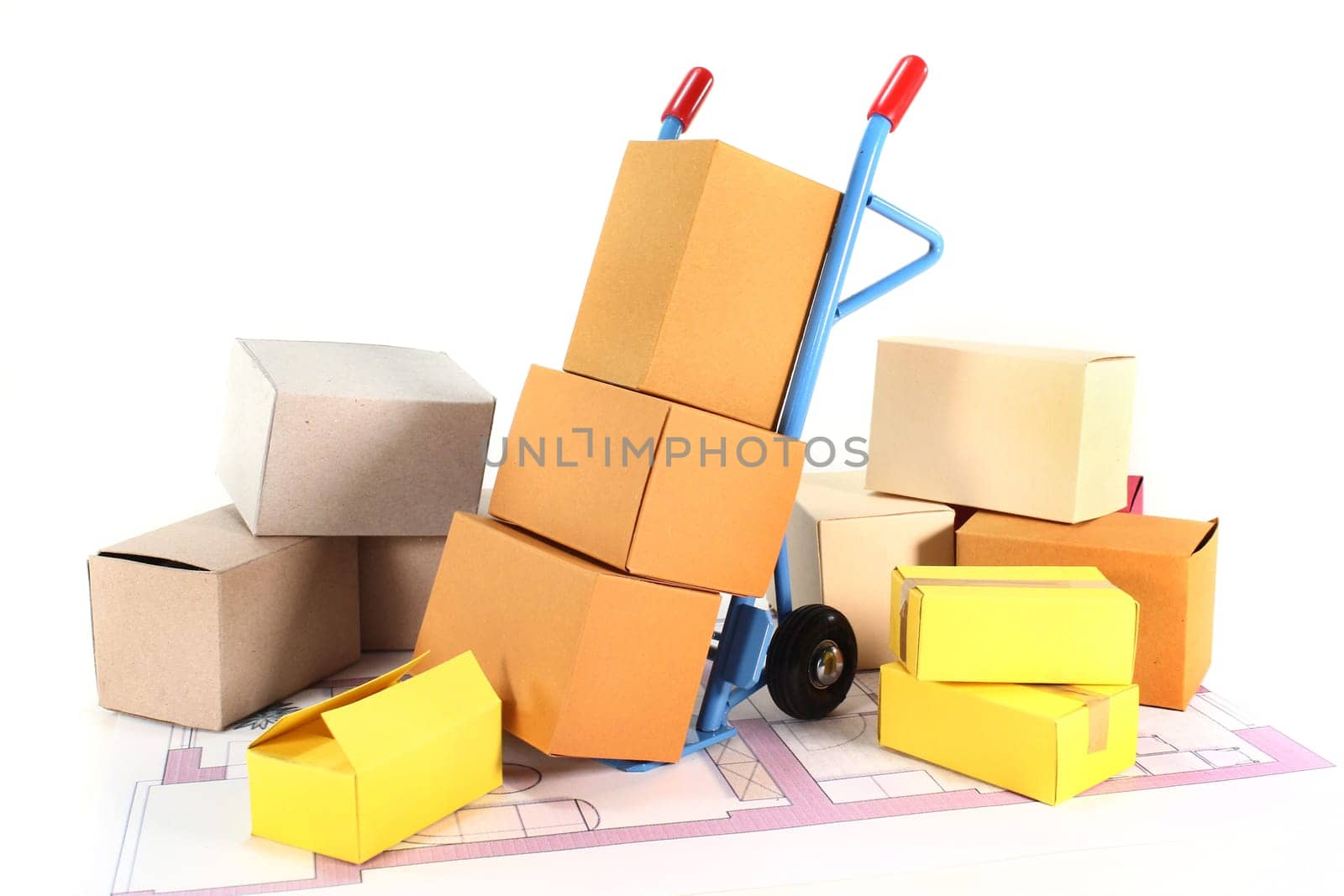 a sack truck and moving boxes against a white background