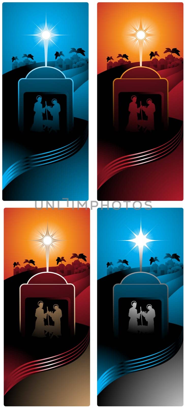 Different versions of a vertical banner with nativity scene.