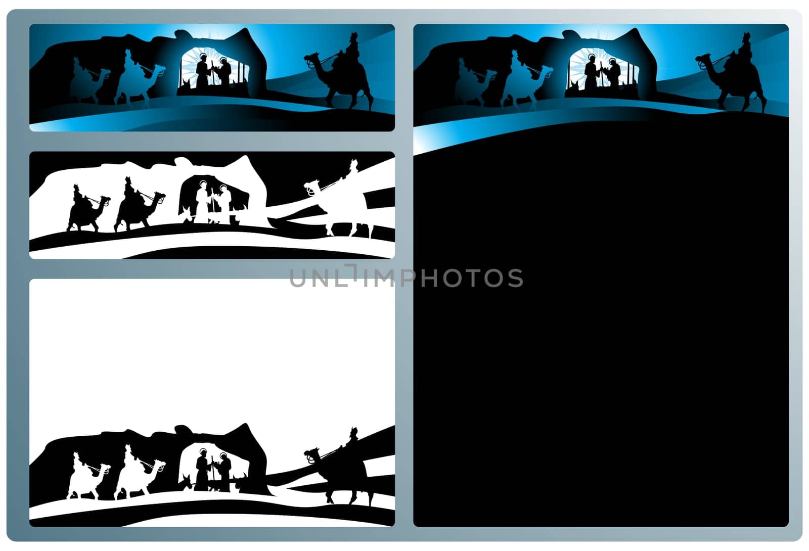 Illustration in different formats, horizontal banner format and horizontal letter format. They represent the nativity scene with the three wise men.