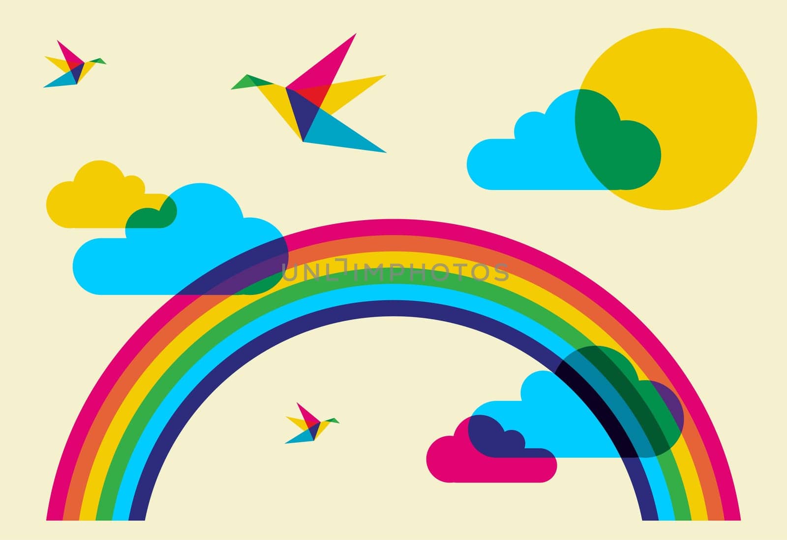 Spring time: full color humming birds, rainbow and clouds. Vector file available.