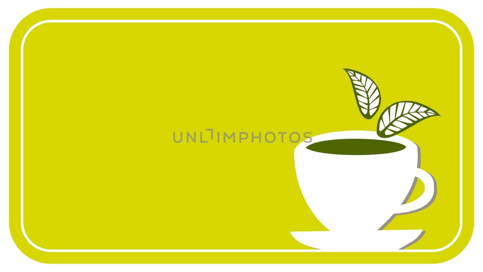 Lemon yellow label with a white cup of tea with leaves falling down.