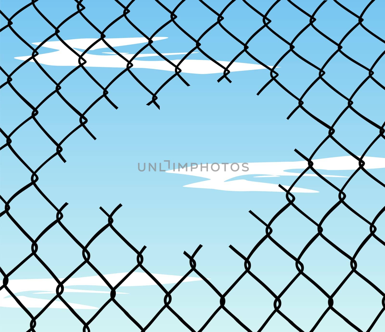 Cut wire fence with blue sky and clouds background. Vector available