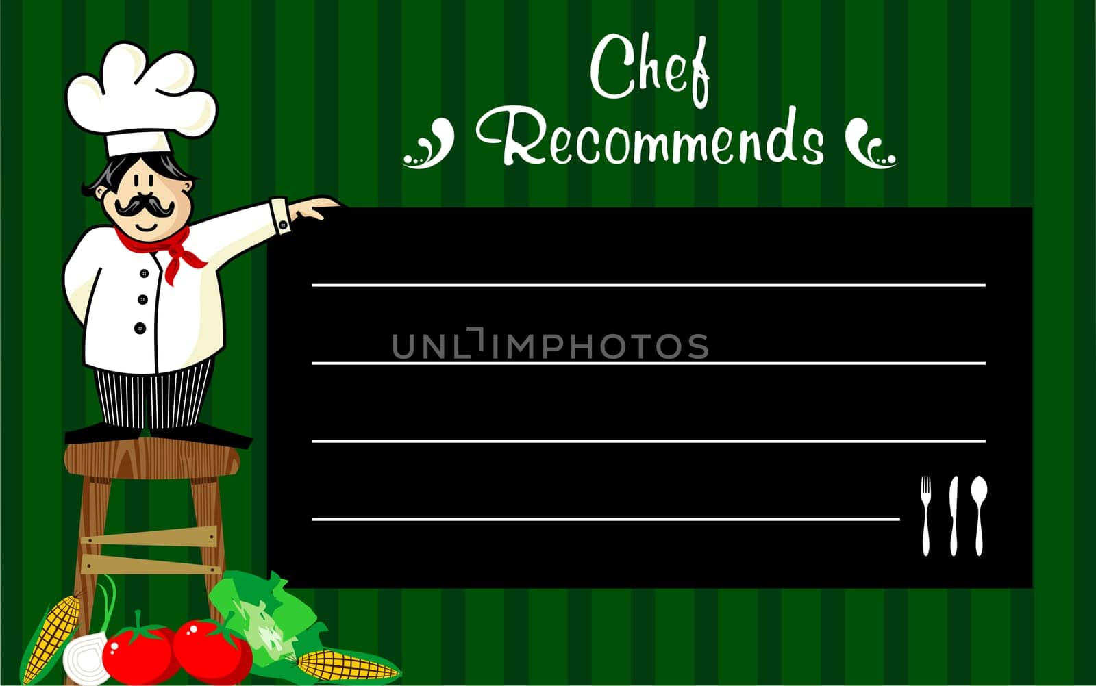 Funny chef on a wooden bench, holding a blackboard where the recommendations are written daily. Vegetables at left corner. Striped green background.