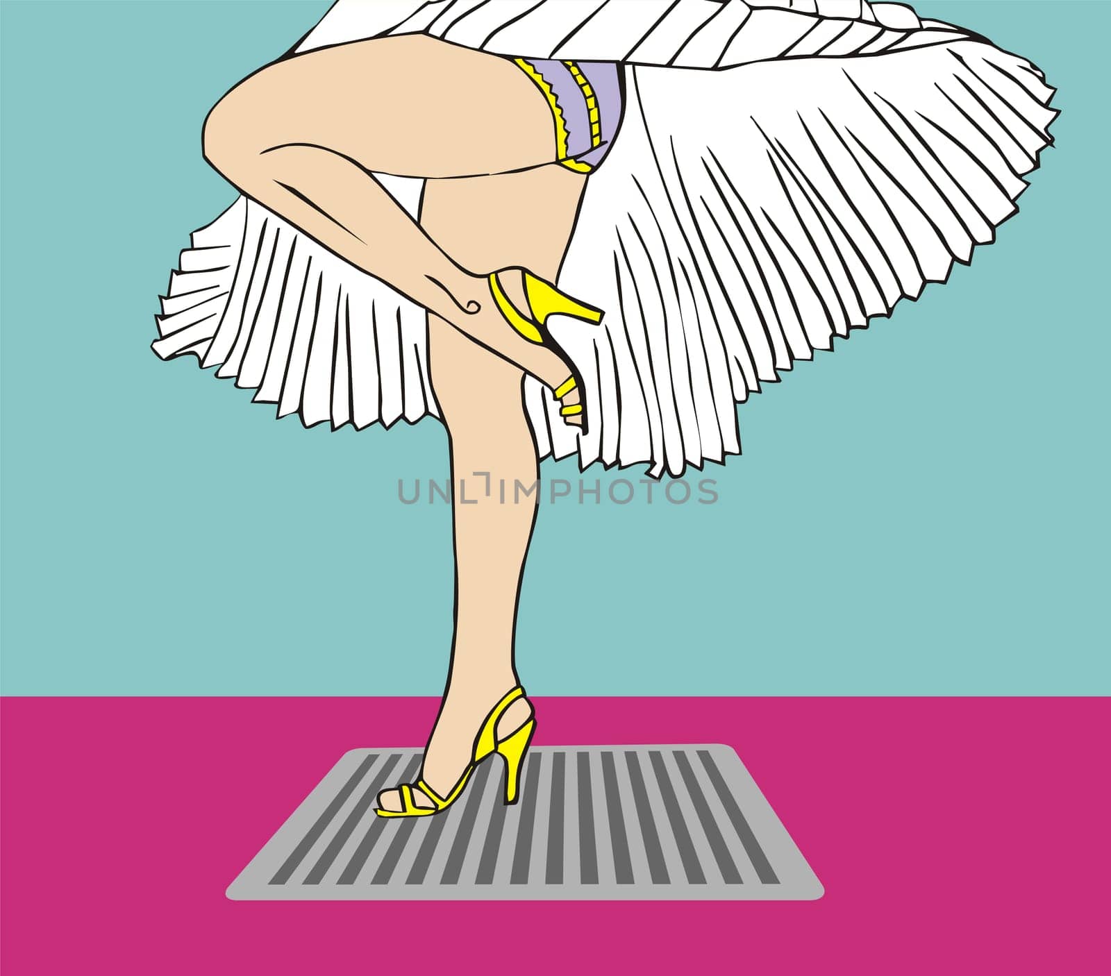 Marilyn Monroe legs style. White dress flying due to the air of the sewer. Vector available.