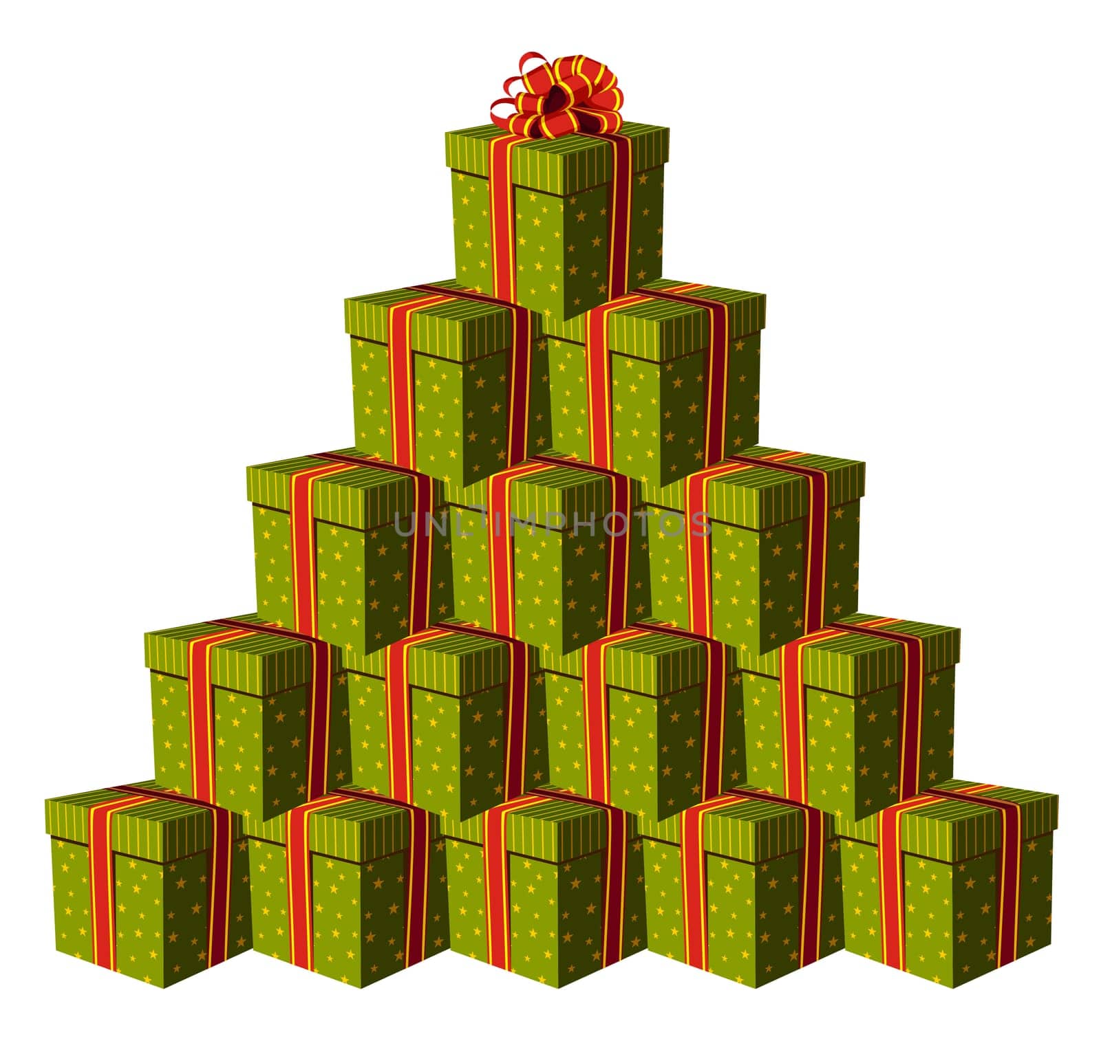 Green gift boxes forming a Christmas tree with a red ribbon as a star. White background. Vector available