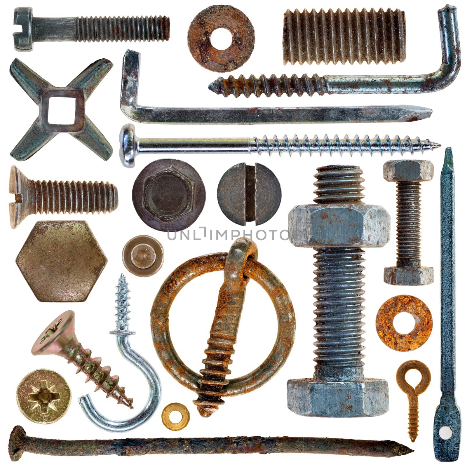 collection old rusty screws heads bolts steel nuts old metal nails isolated on white background