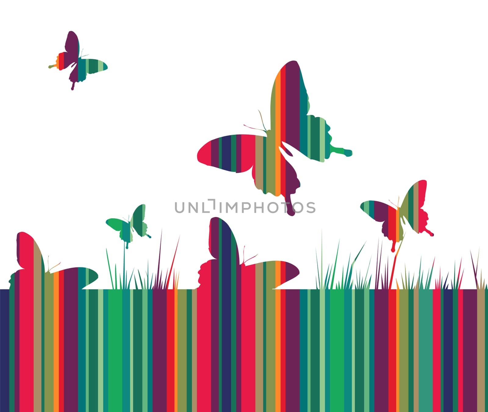 Butterfly and spring motif design. Striped colored texture with growing grass on white background. Vector available