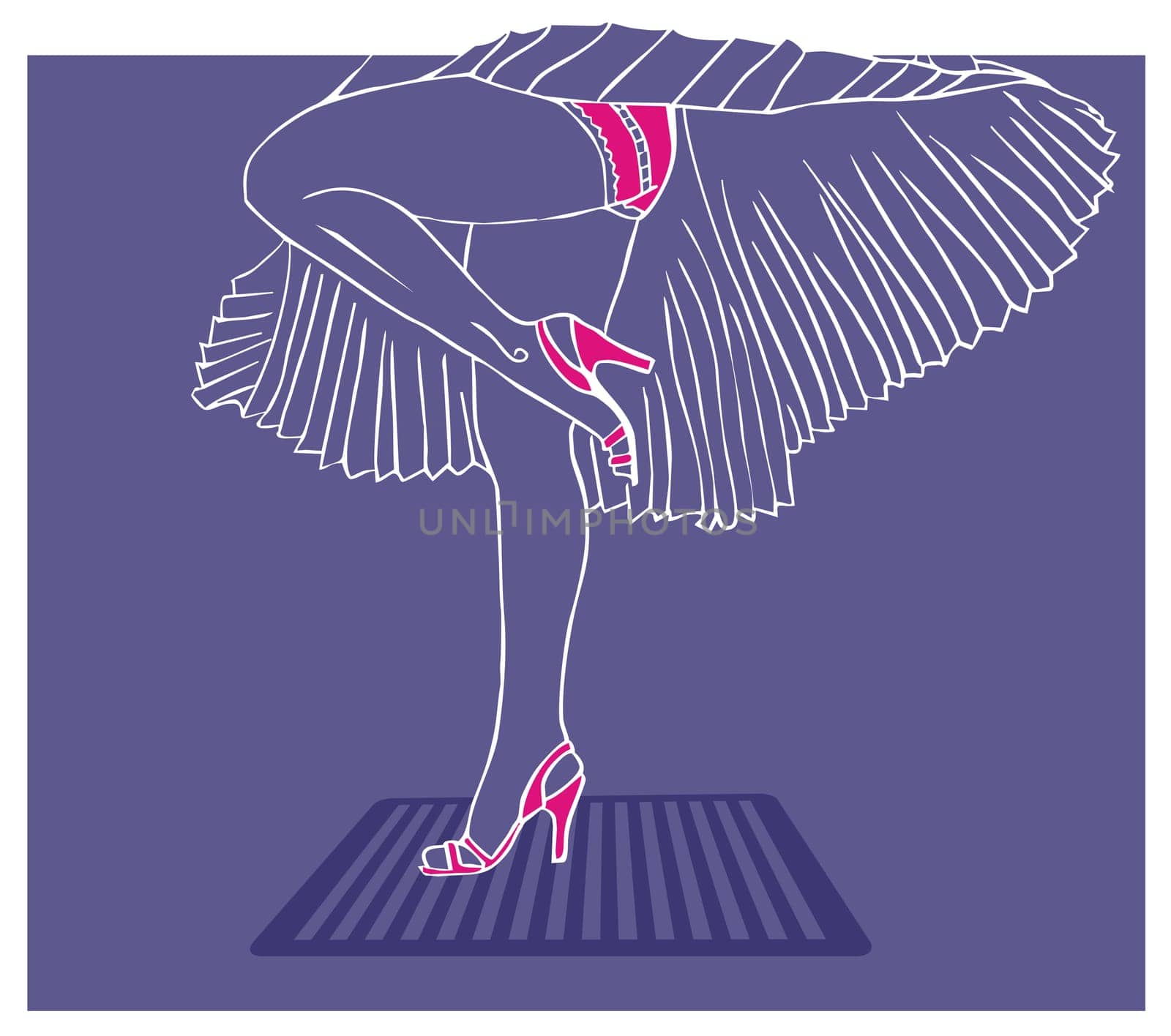 Marilyn Monroe legs style. White dress flying due to the air of the sewer. Outline vector illustration. Blue background