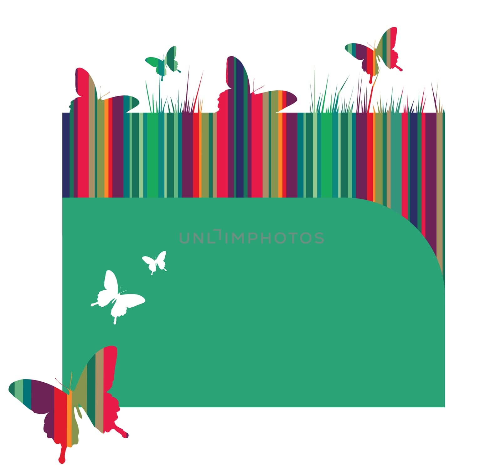 Butterfly and spring motif design. Striped colored texture, above full green on white background. Vector available