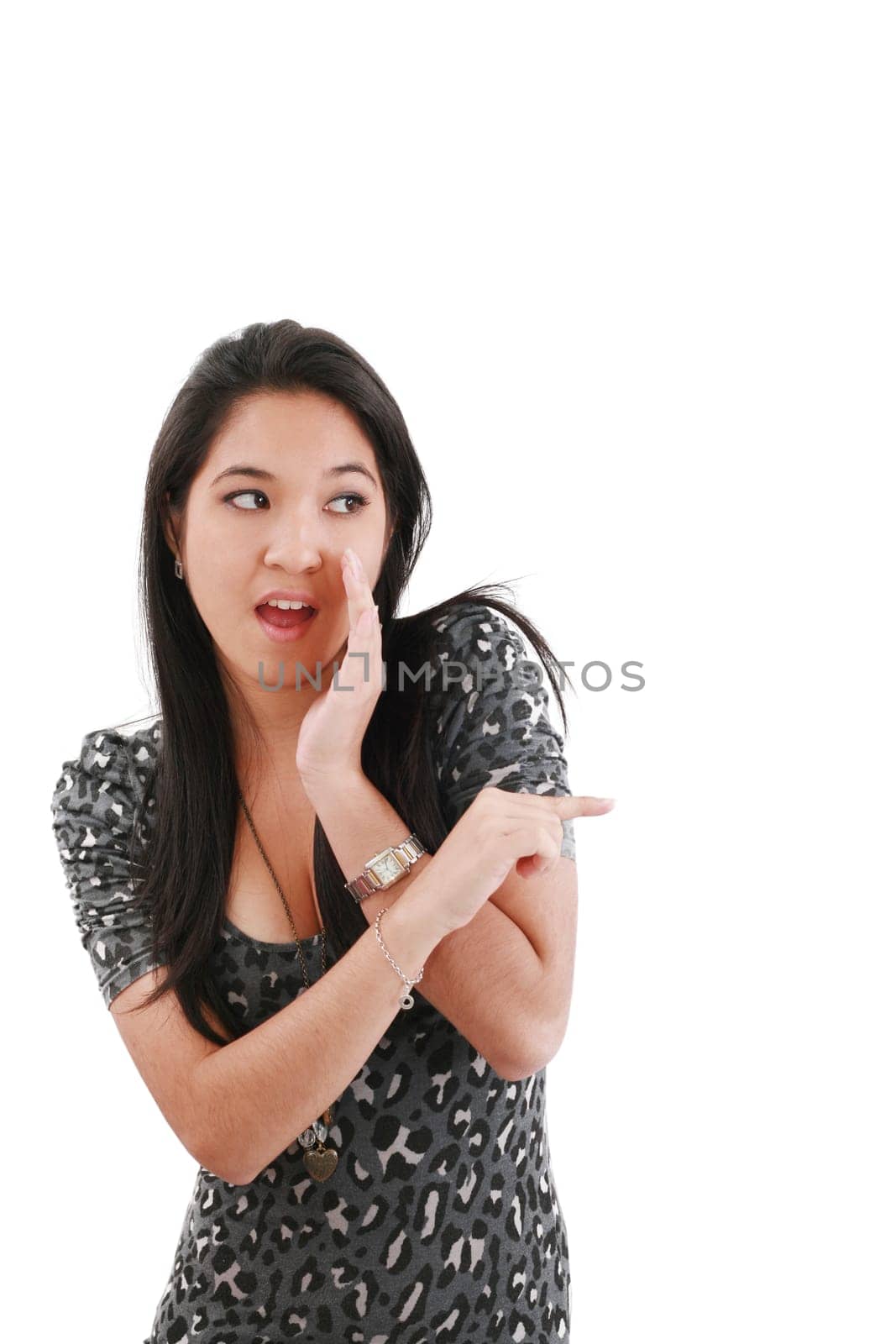 woman surprising and pointing at someone