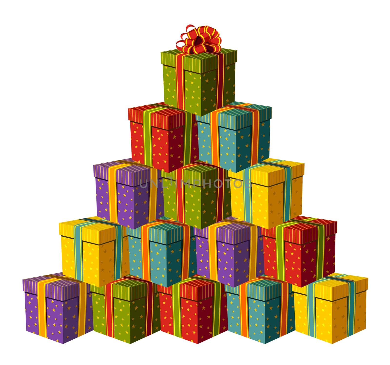 Colorful gift boxes forming a Christmas tree with a red ribbon as a star. White background. Vector available