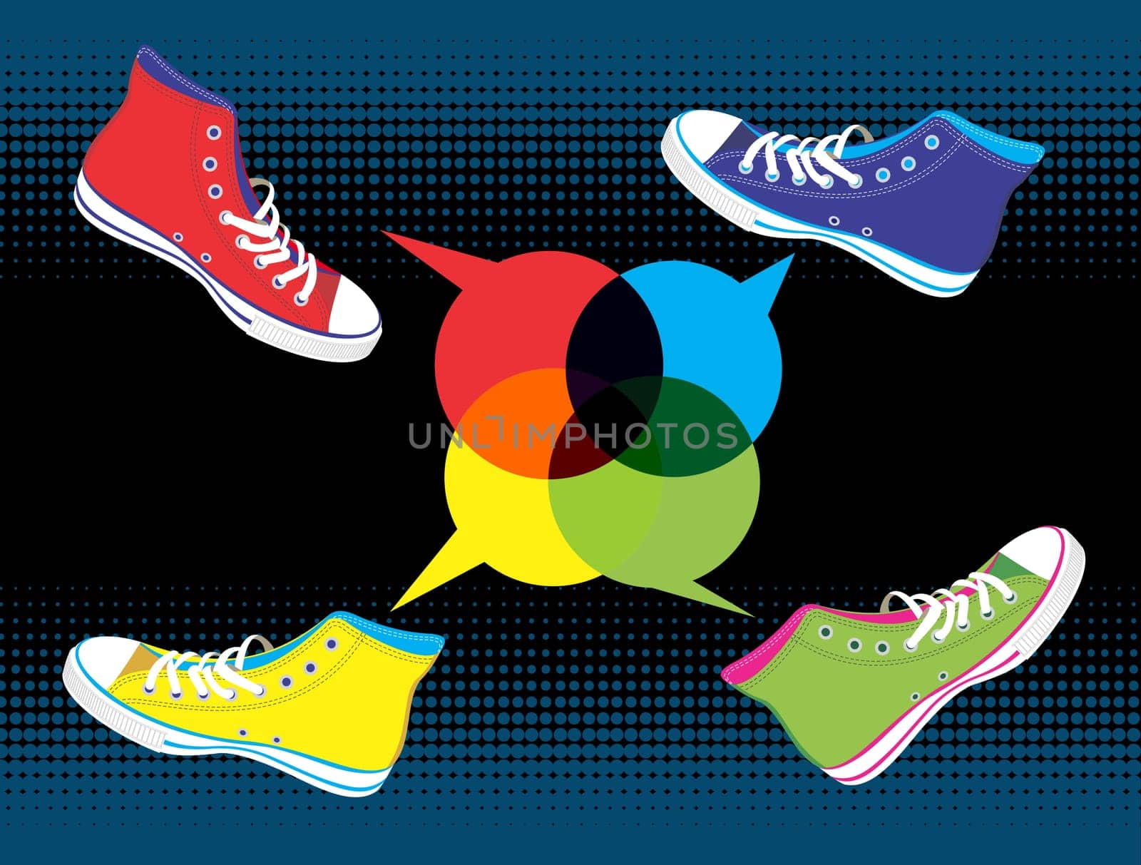 Colourful sneakers with dialogue balloon on black background. Vector available