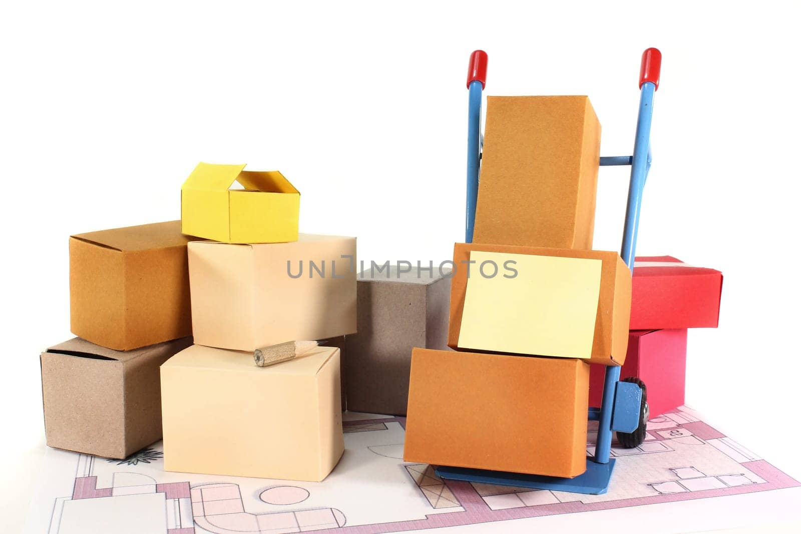 a sack truck and moving boxes against a white background