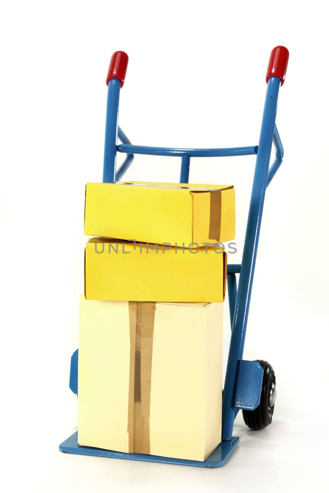a hand truck with various packages