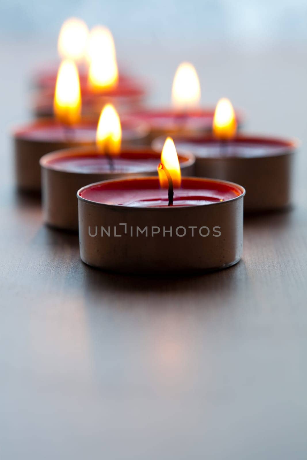 Close-up of red tea-light candles for Christmas