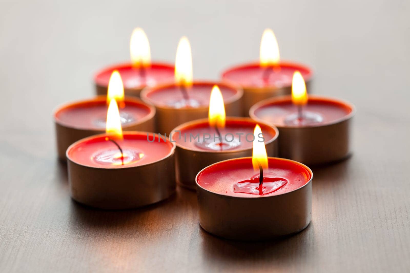 Close-up of red tea-light candles for Christmas