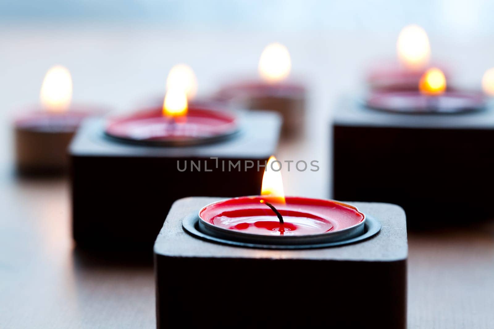 Close-up of red tea-light candles for Christmas