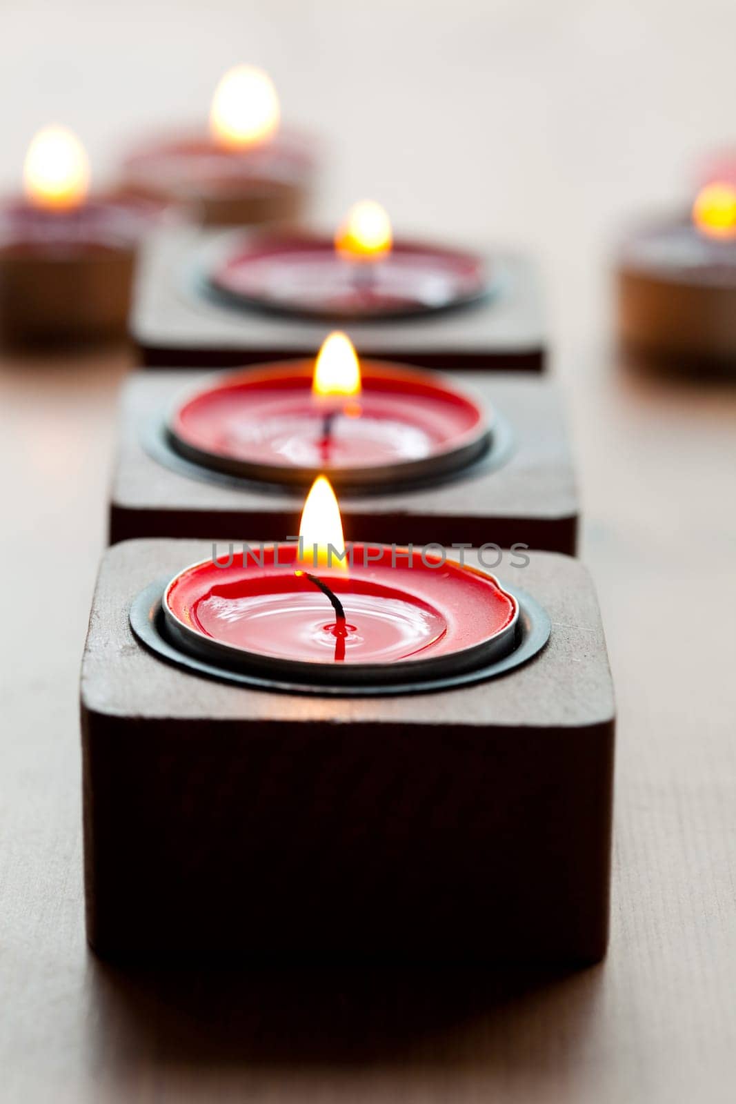 Close-up of red tea-light candles for Christmas