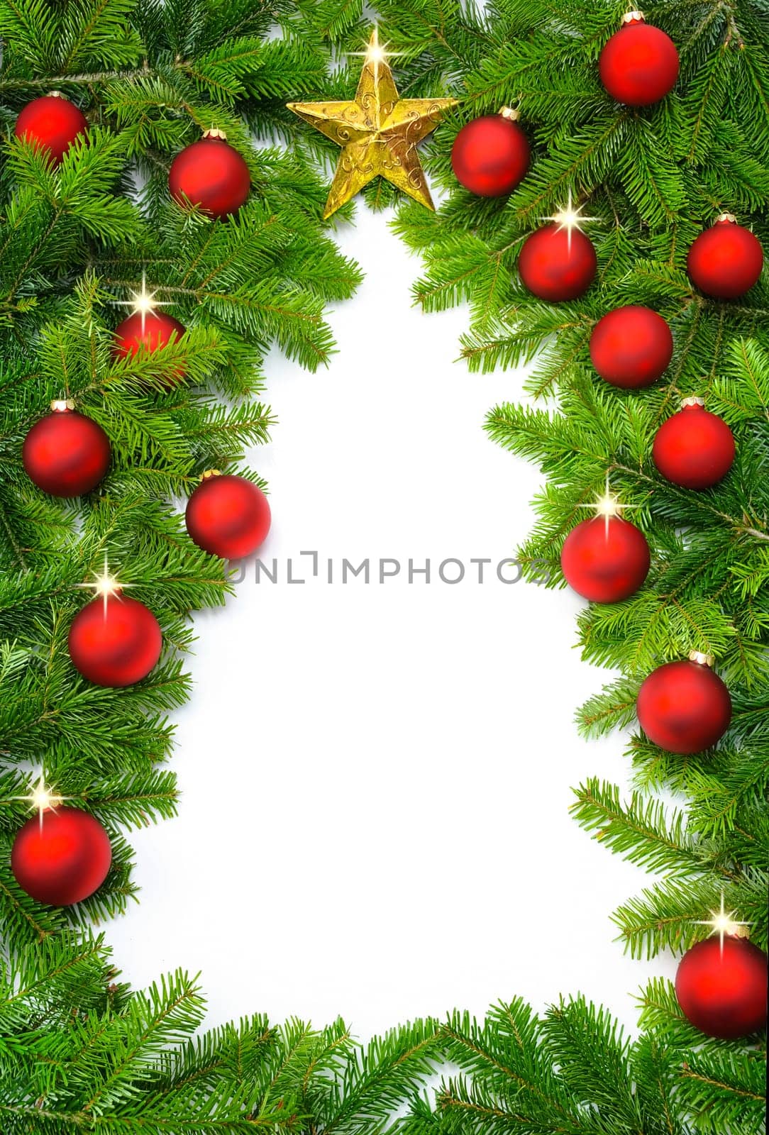 A frame of fir branches and tree decorations forms the outline of a Christmas tree