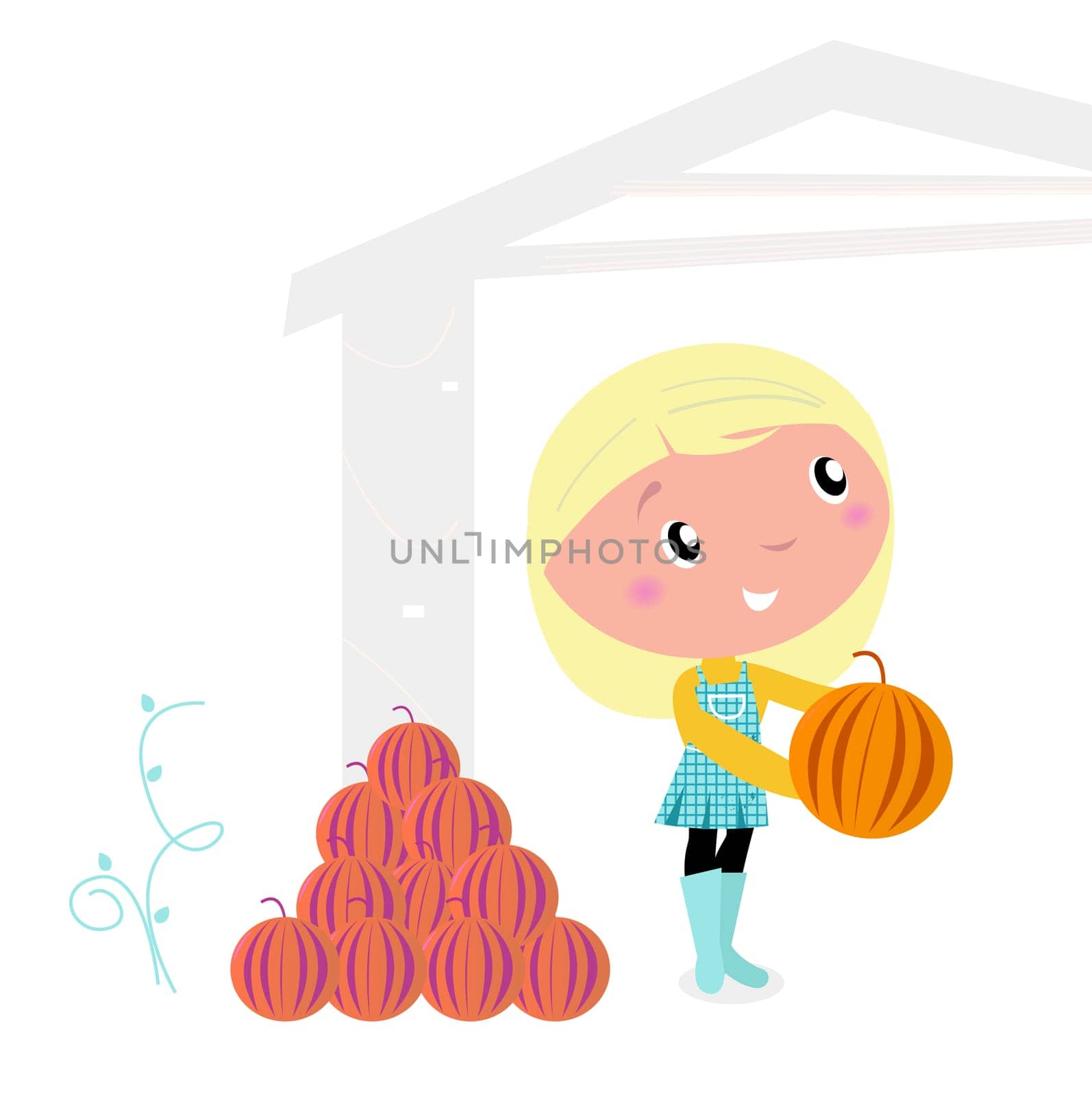 Cute little cartoon Girl with pumpkin heads. Vector cartoon illustration.