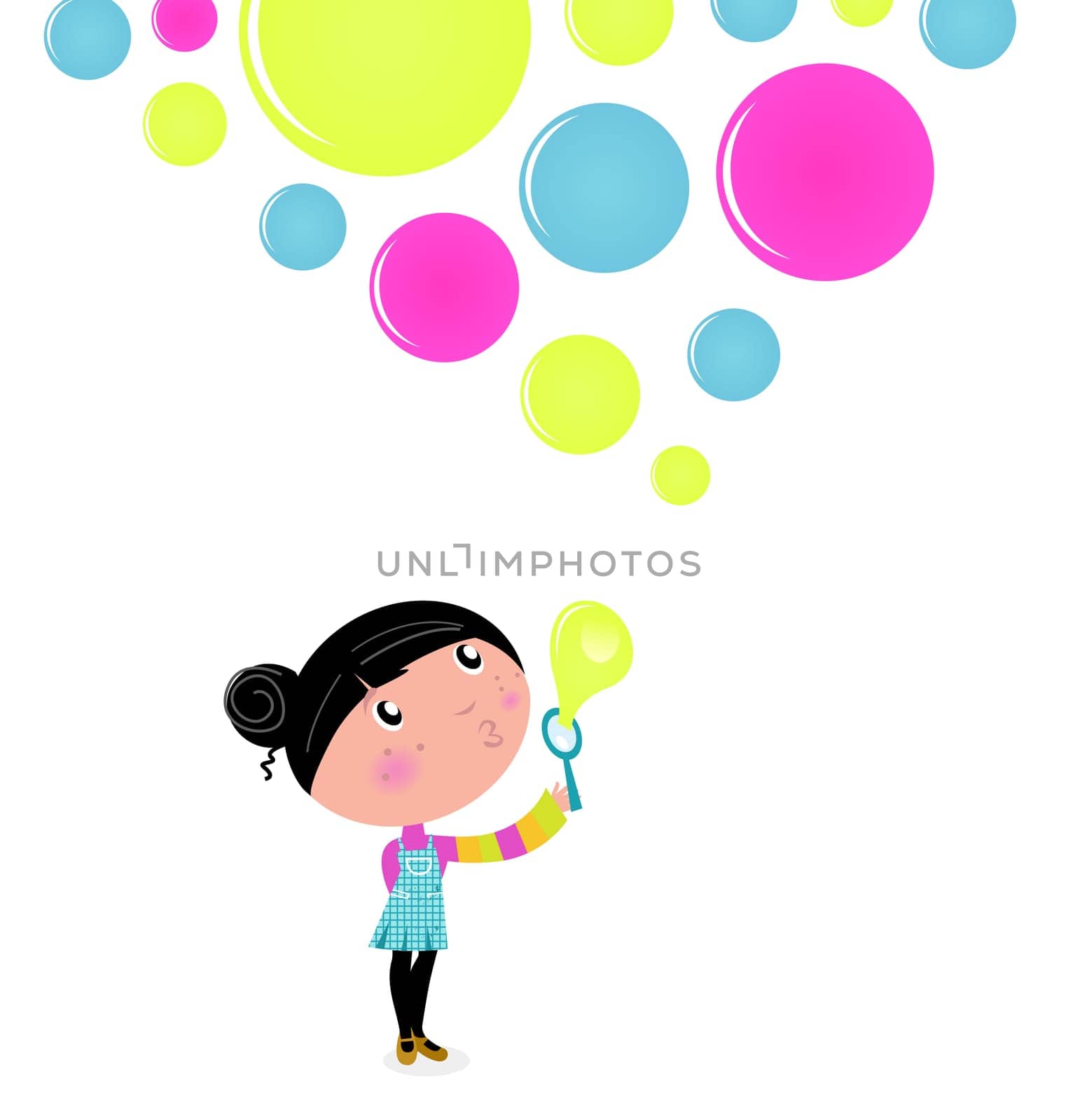 Little Girl blowing Soap bubbles. Vector Illustration.