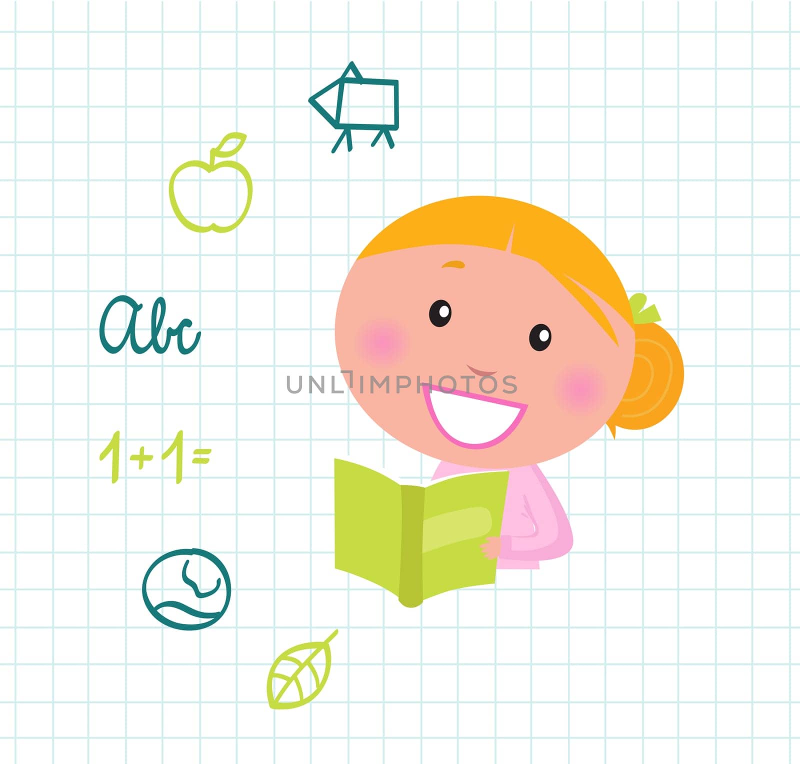 Little cute Girl with Book, School items isolated on white grid