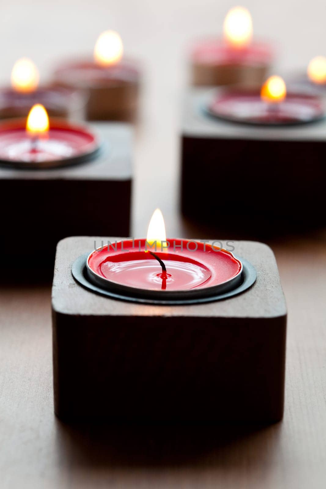Close-up of red tea-light candles for Christmas