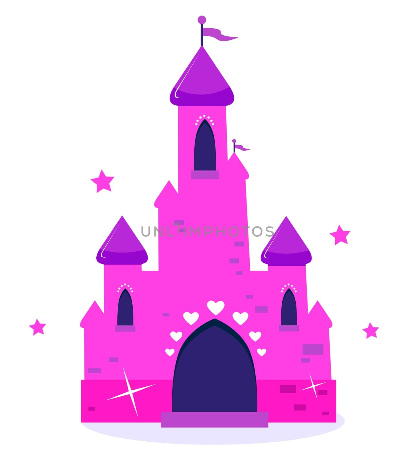 Wild pink Princess castle isolated on white background. Vector cartoon Illustration.