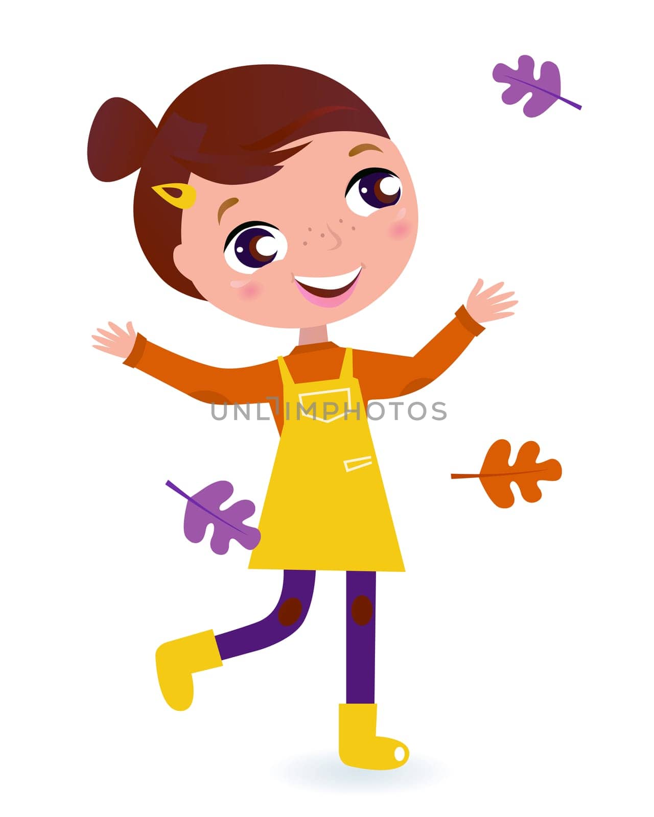 Adorable running Girl with Autumn Leaves. Vector cartoon Illustration.