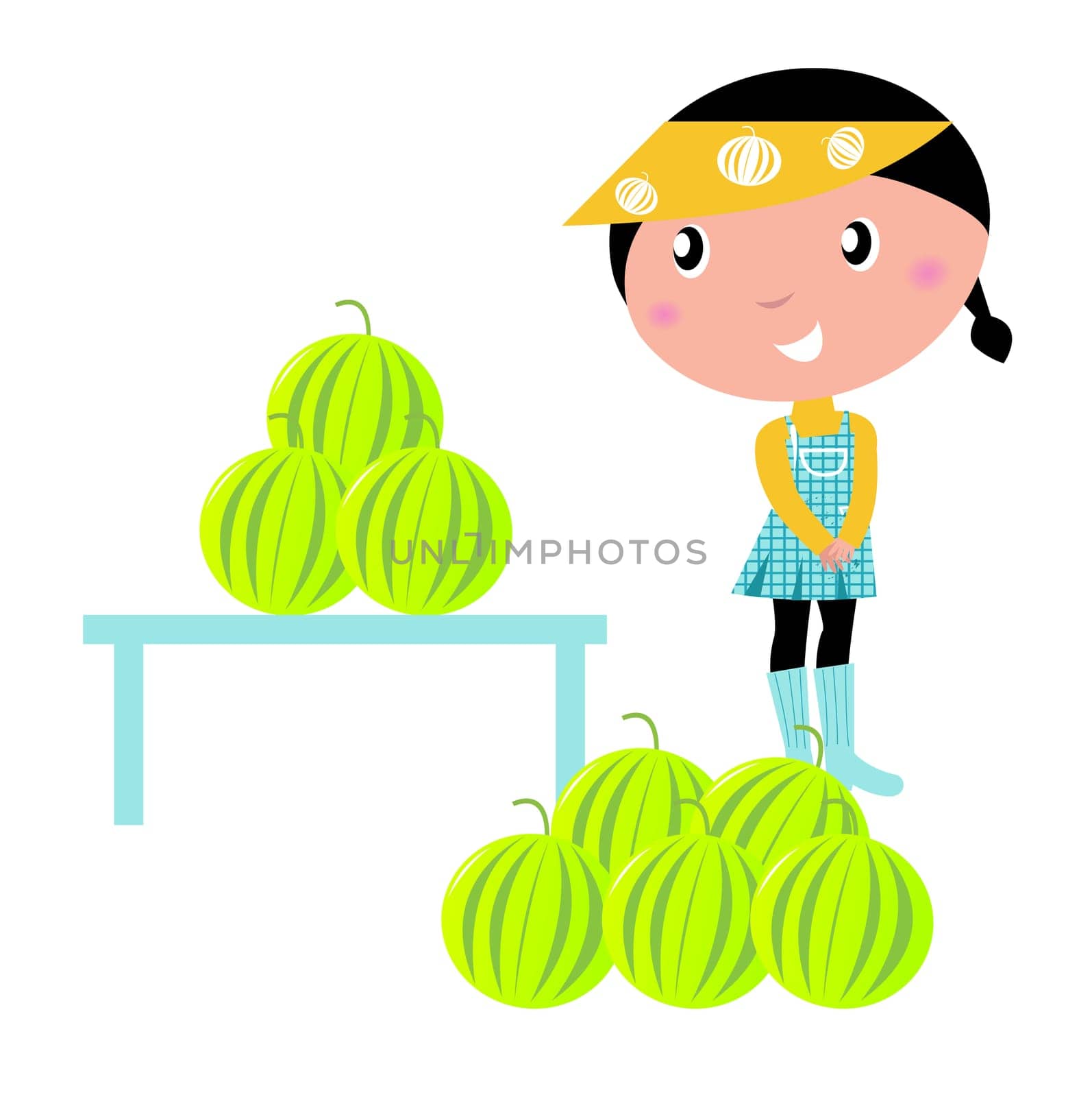 Little Girl with Melons. Vector cartoon Illsutration.