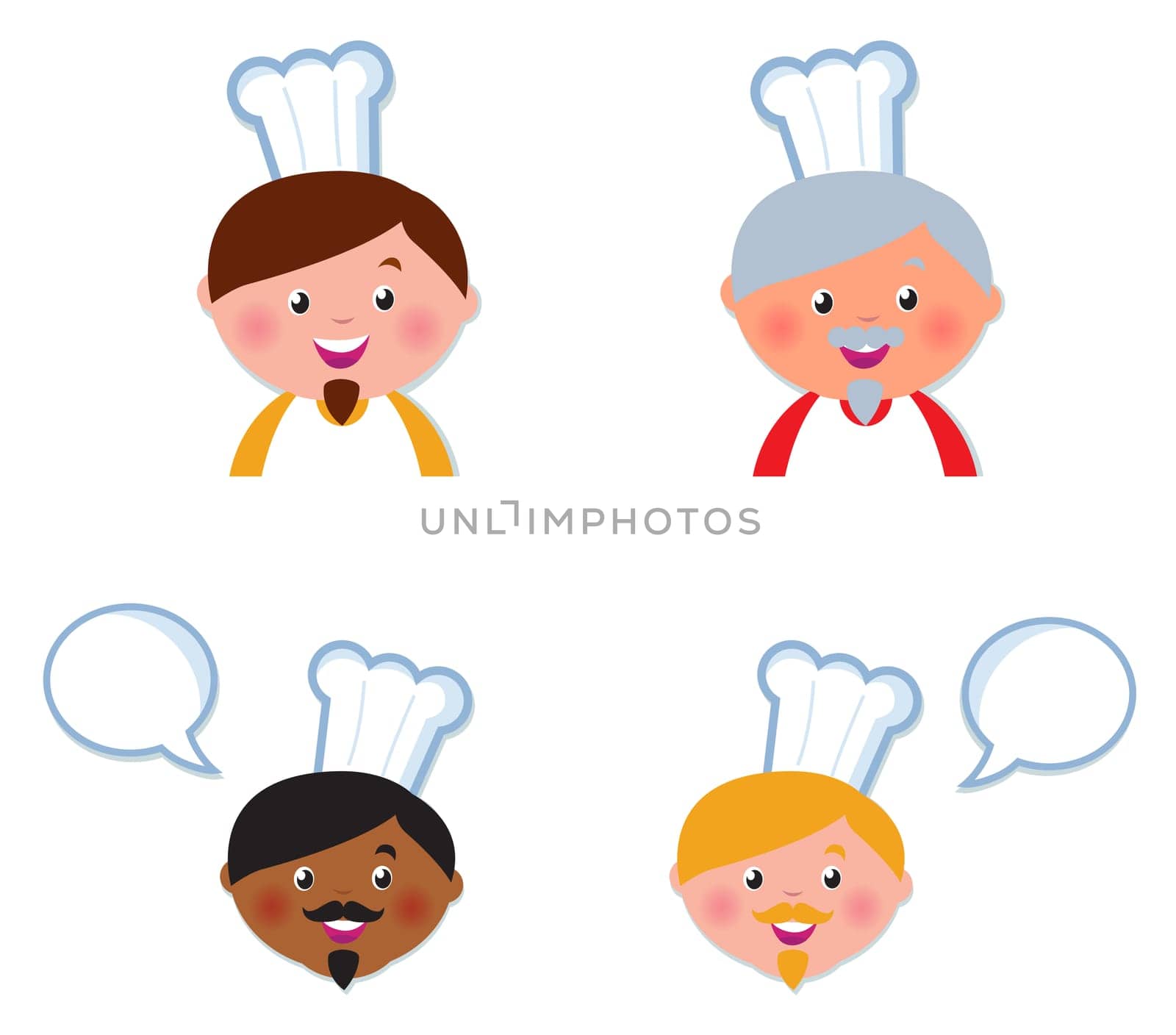 Chef heads set isolated on white. Vector cartoon Illustration.
