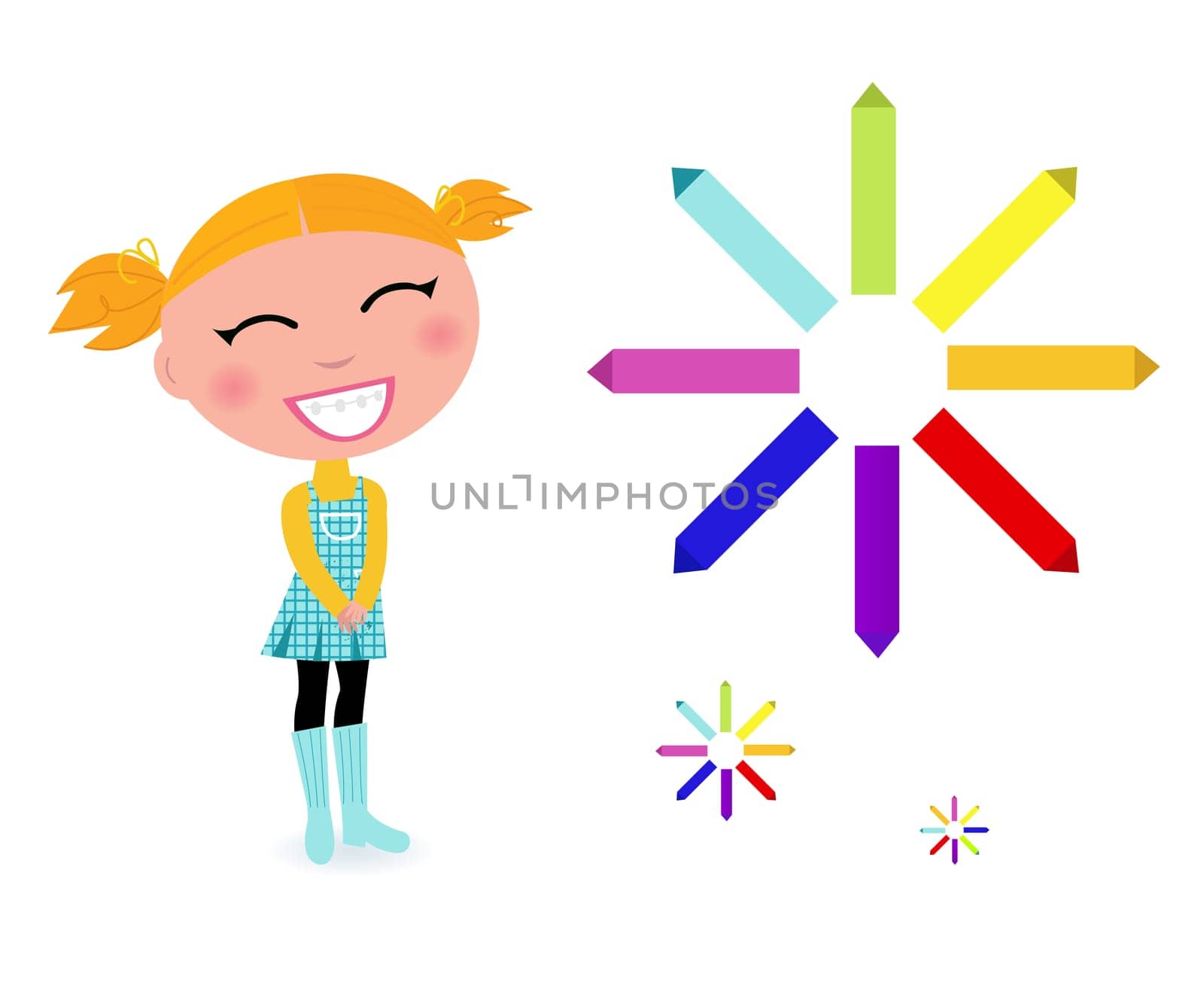 Cute cartoon girl with colorful pastels - vector Illustration