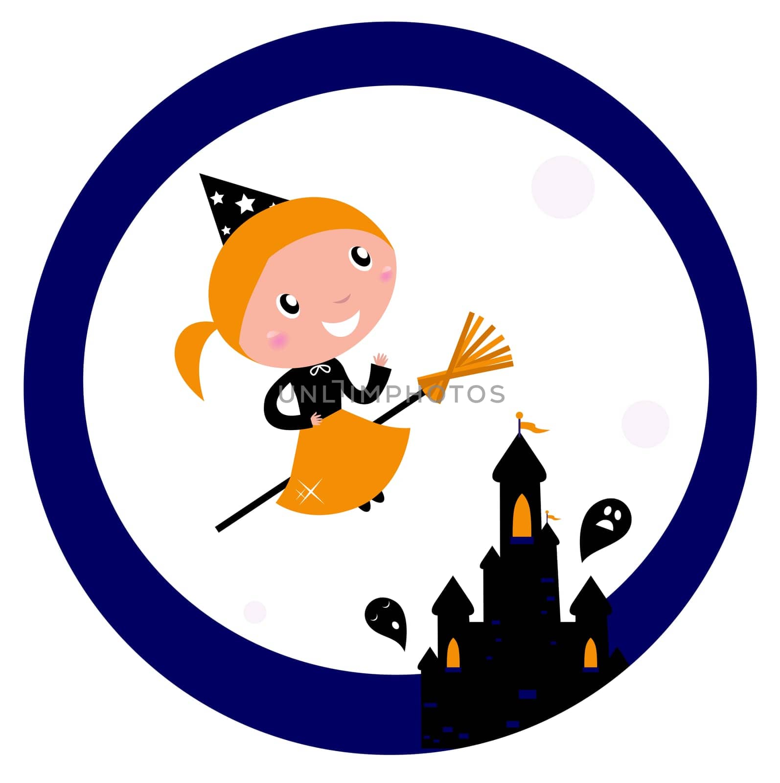 Cute Witch girl flying around Halloween haunted castle. Vector cartoon Illustration.