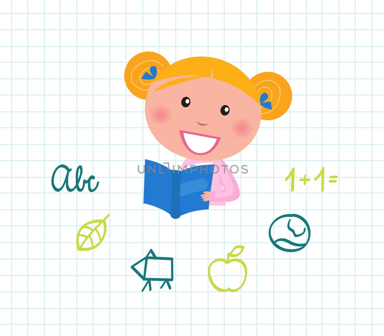 Cute little reading School Girl with Book. Vector Illustration.