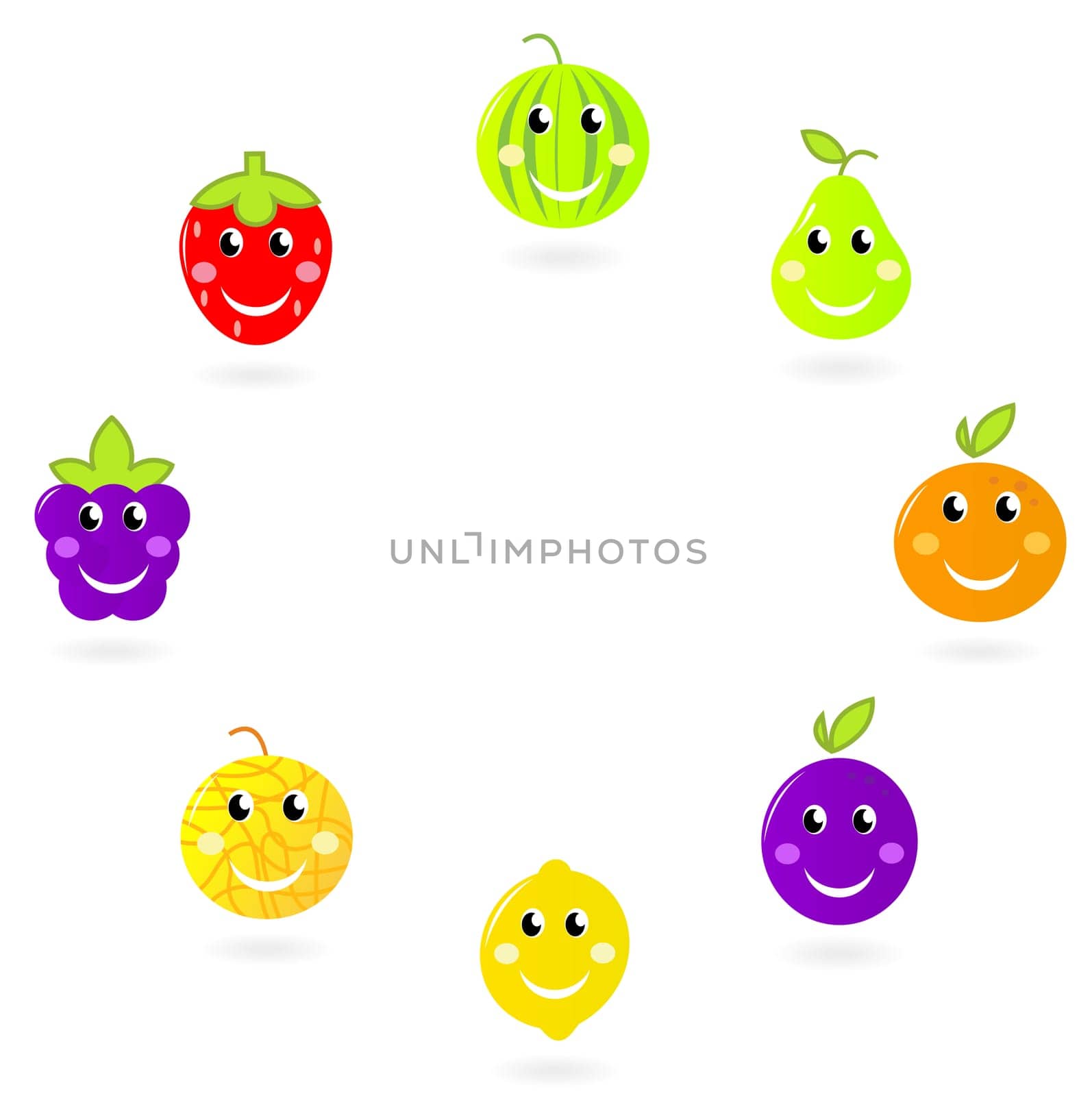 Strawberry, pear, watermelon, lemon, plum, blackberry etc - Fruit vector characters collection.