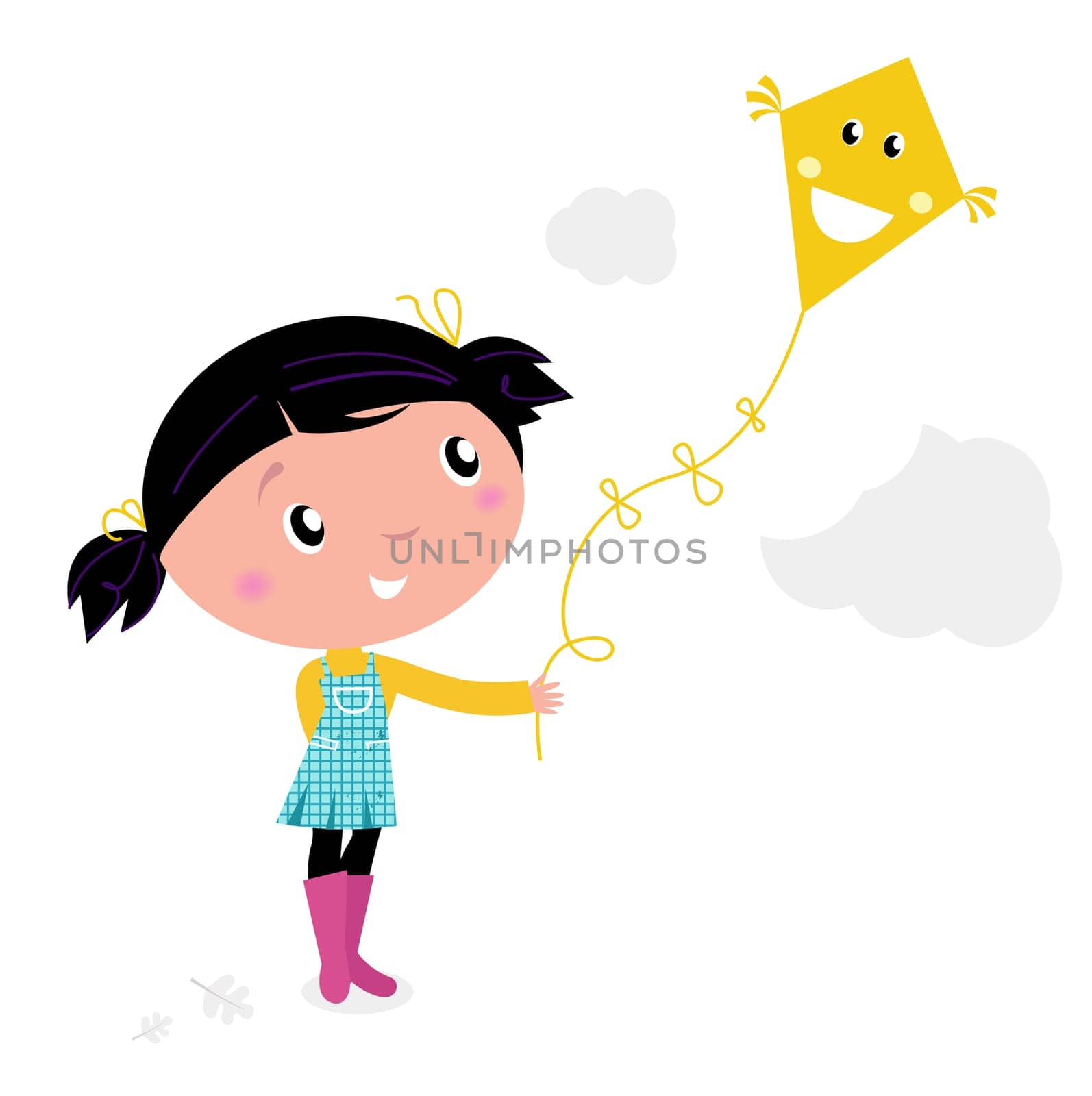 Autumn girl flying kite in the air. Vector cartoon Illustration.