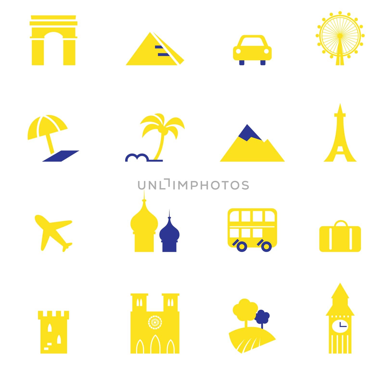Yellow and blue vector travel and vacation design elements.