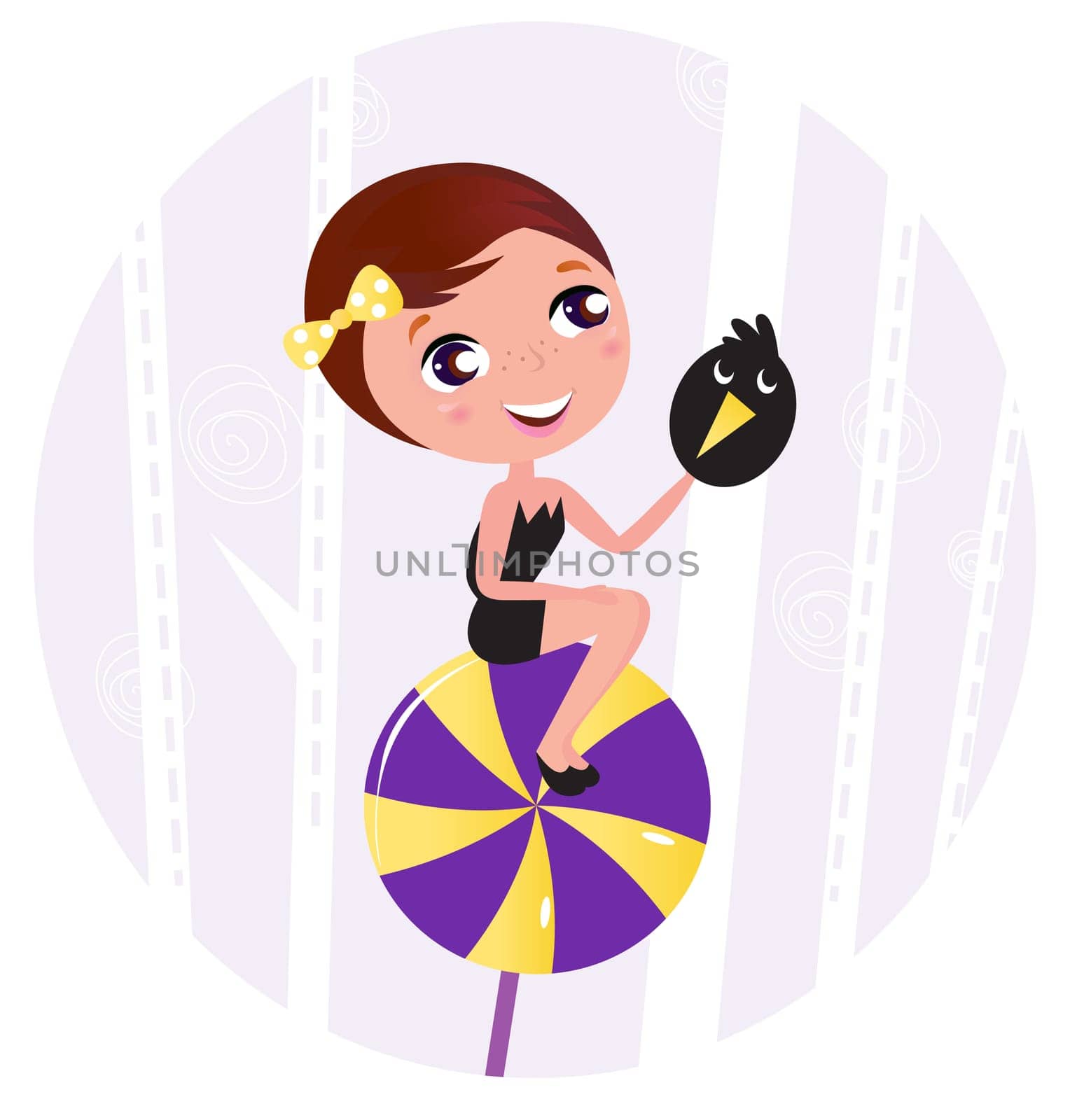 Halloween pinup Girl sitting on Candy. Vector cartoon Illustration.