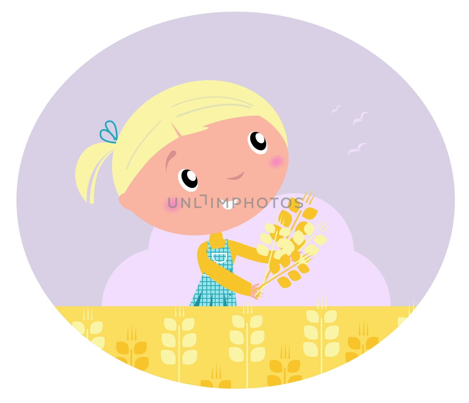 Harvest and grain - Little child with harvested cereals. Vector cartoon ilustration.