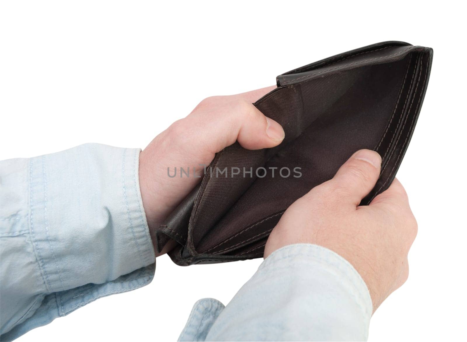 Closeup of Man&#039 s Hands Showing Empty Leather Wallet - Isolated on White