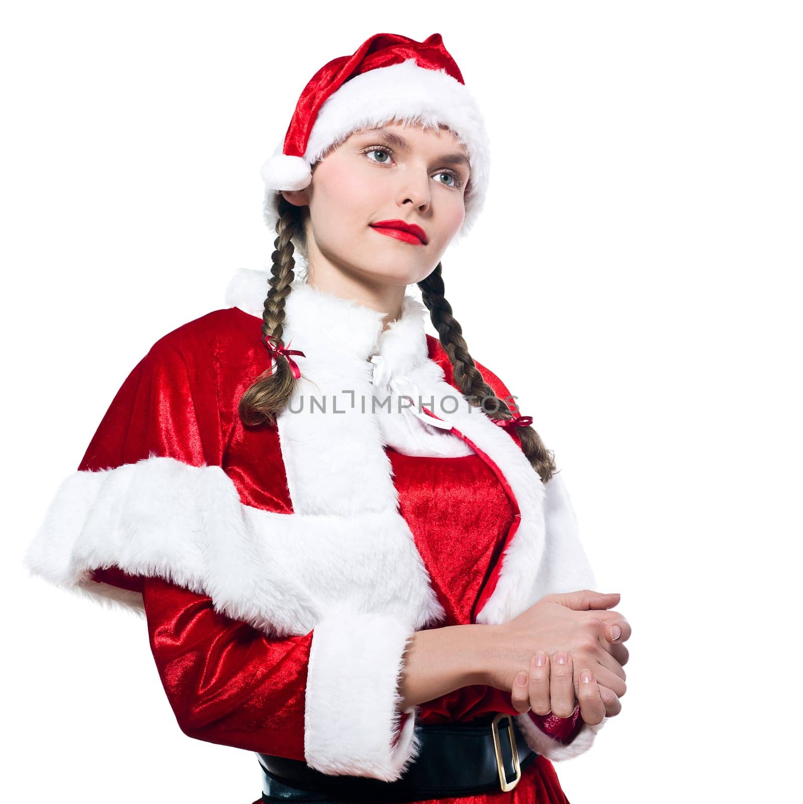 one woman dressed as santa claus on studio isolated white background